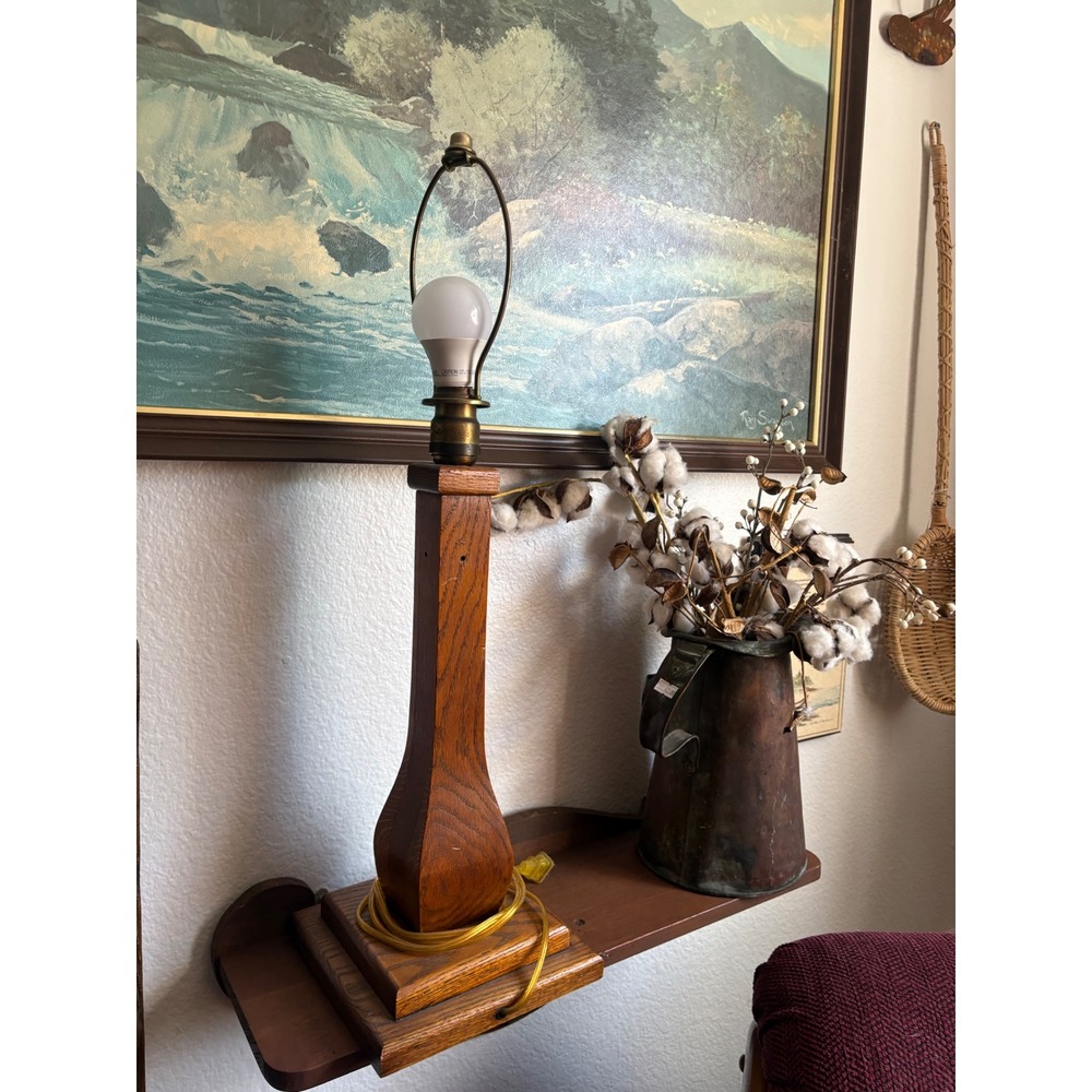 Vintage Solid Oak Wood Table Lamp Handcrafted Rustic Farmhouse Bedside Light - Picture 2 of 3